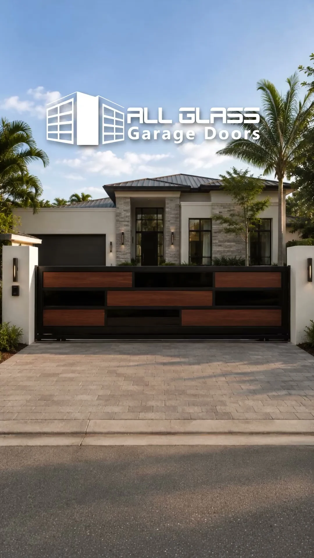 Aluminum and glass sliding gate at the property line