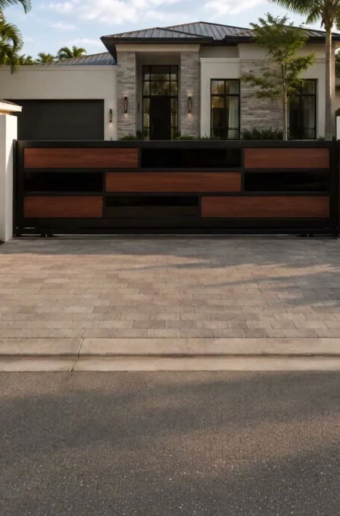 Aluminum sliding gate with wood-look panels and black glass bands across a paver driveway