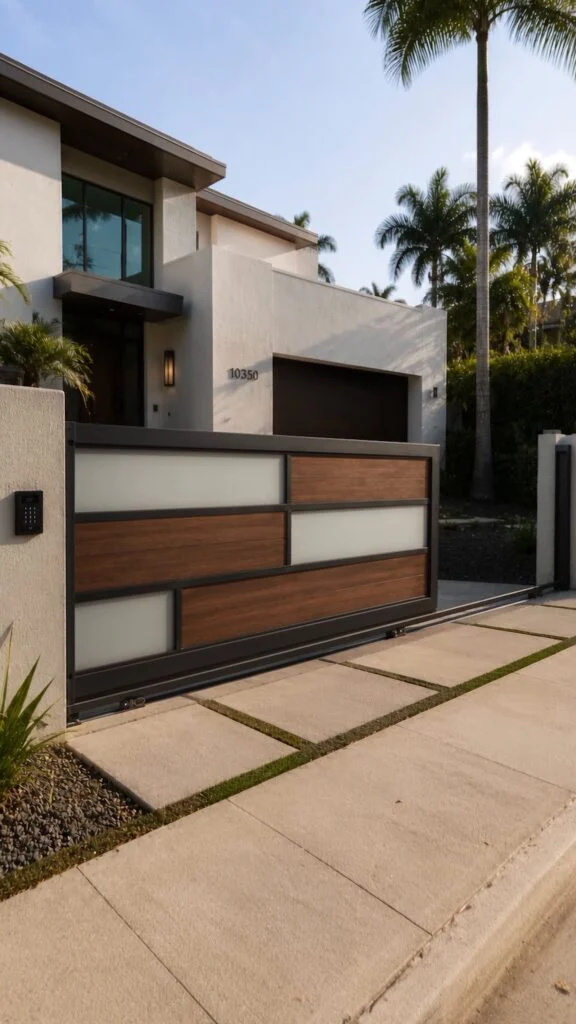 Aluminum sliding gate with wood-look panels and white glass bands