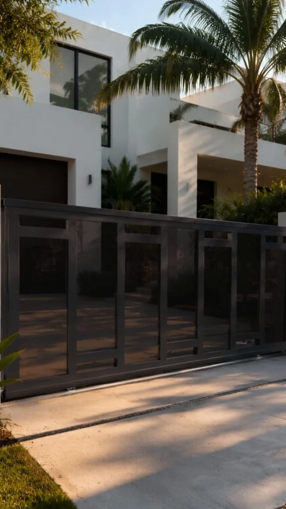 Black glass aluminum sliding gate in front of a modern white home