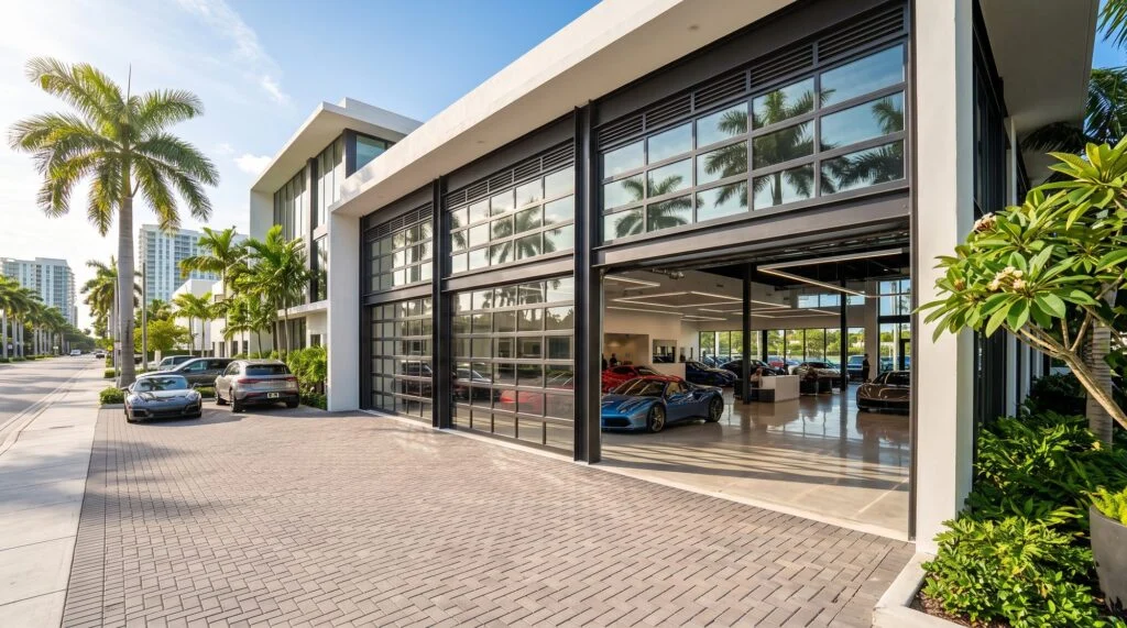 Car showroom with black-frame full-view glass garage doors, one open to the paver drive