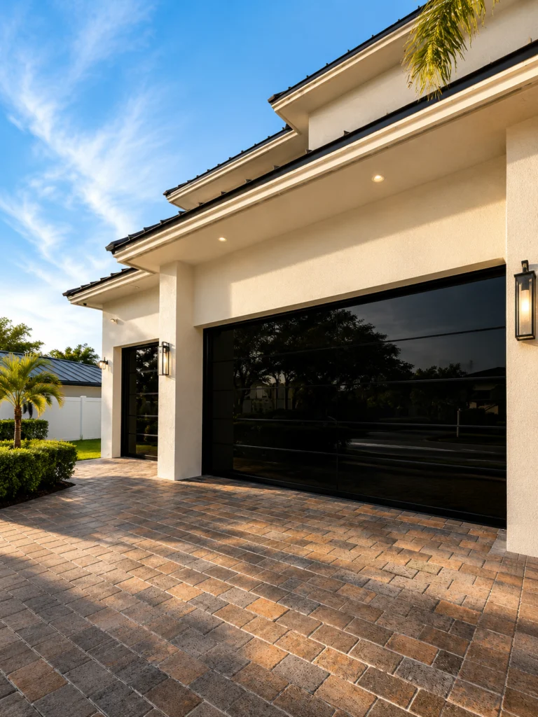 Black frameless garage door under a white stucco house with a lantern sconce and paver driveway