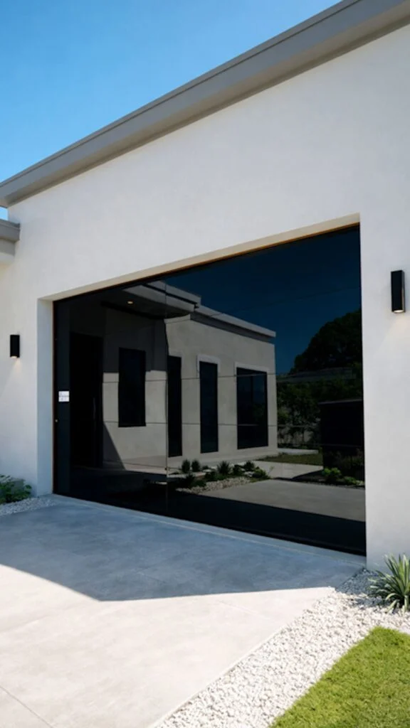 Dubai Frameless black glass garage door on a white modern home