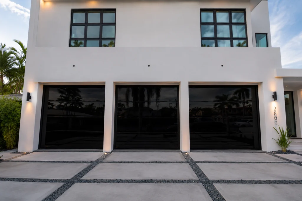 Three Dubai Frameless black mirror glass garage doors on a modern home