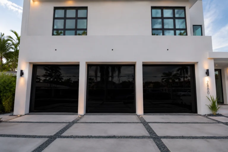 Three Dubai Frameless black mirror glass garage doors on a modern home
