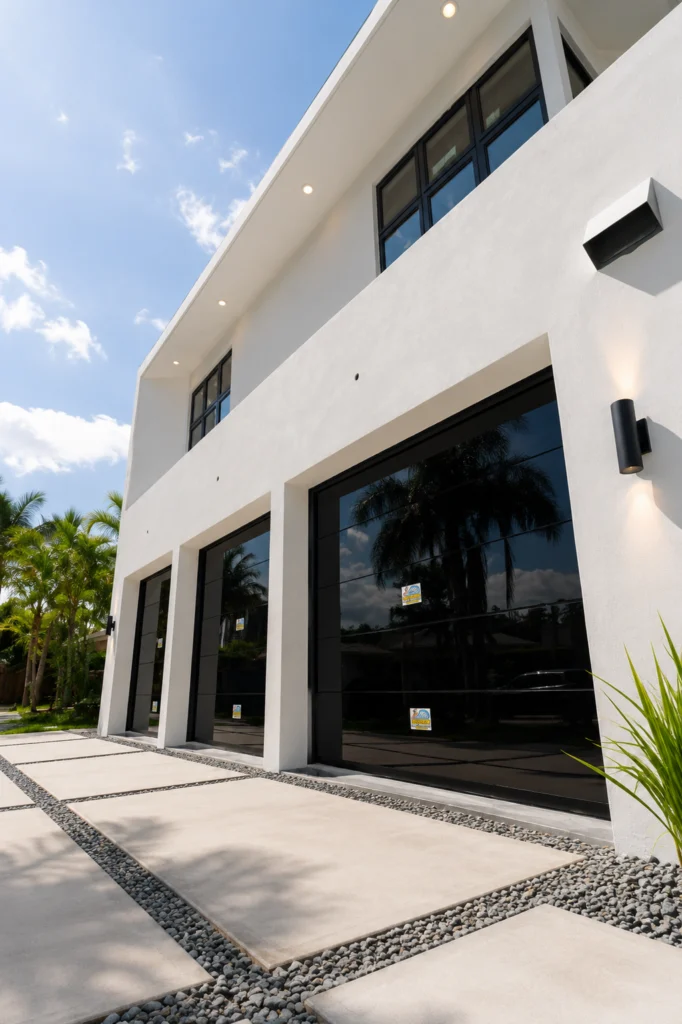 Dubai Frameless garage doors seen at an angle on a modern home