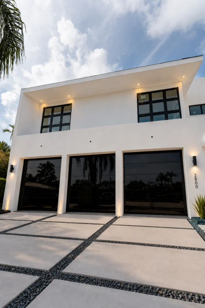 Three Dubai Frameless black glass garage doors on a white two-story home