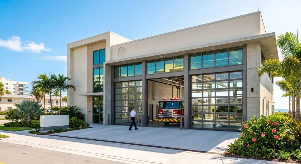Fire station with full-view aluminum and glass garage doors and a fire truck in the open bay