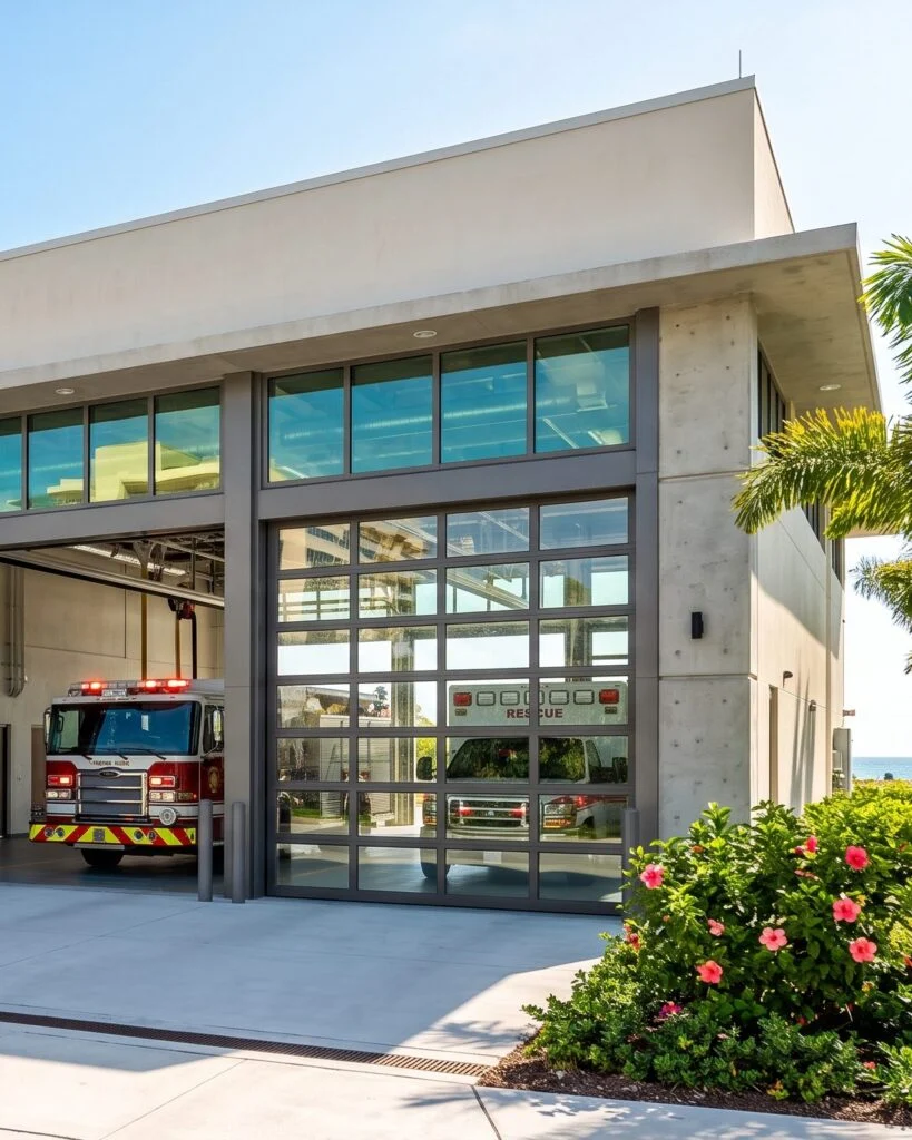 Full-view glass apparatus bay door with a rescue vehicle visible inside, next to an open bay with a fire truck