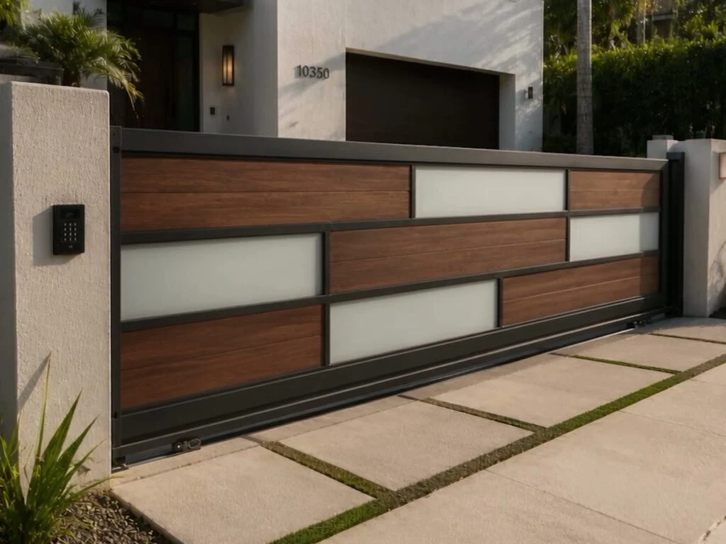 Glass-and-aluminum sliding gate at a residential driveway