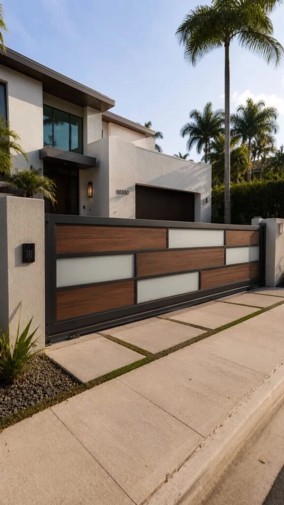 Wood and white glass sliding gate along a driveway